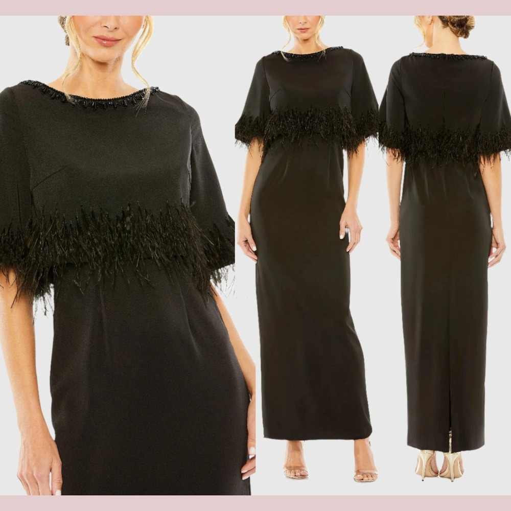 NWT Mac Duggal [ 10 ] 11787 Quarter Sleeve Crystal Neck Feather Gown Black Q1146